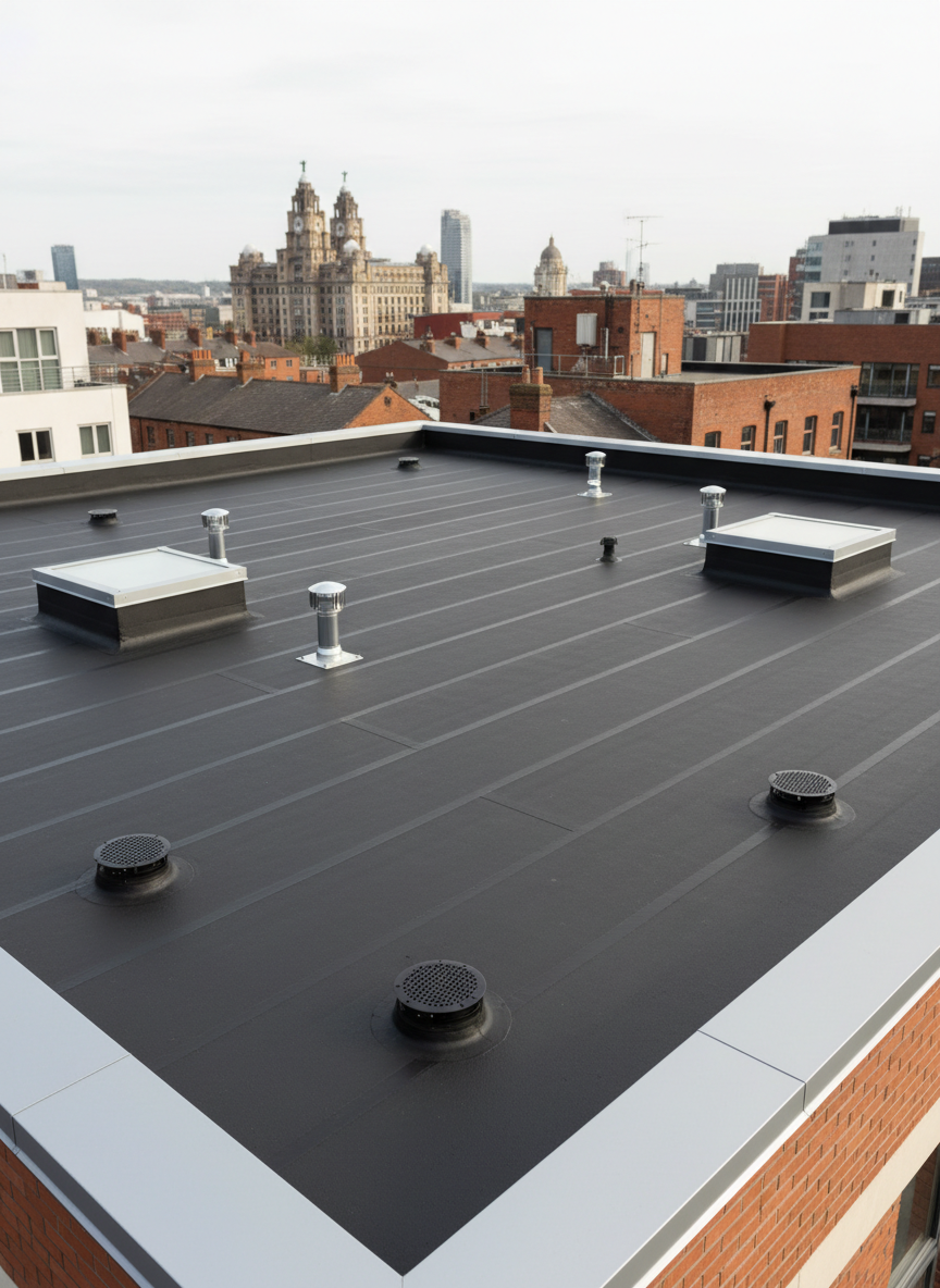 A wide, photographic view of a modern flat roof on a commercial building in Liverpool, featuring a seamless, dark charcoal single-ply membrane with precision-welded joints and perfectly aligned drainage outlets. Low parapet walls are capped with sleek metal coping, and neatly organized roof vents and skylight upstands punctuate the surface. The environment shows other city rooftops softly blurred in the background under bright but slightly diffused daylight, giving the scene an even, professional tone. Captured from a high, slightly oblique angle to showcase the full expanse of the roof, the image has sharp focus throughout for technical clarity. The mood is confident and businesslike, highlighting durability, waterproofing, and commercial-scale capability for flat roofing services.