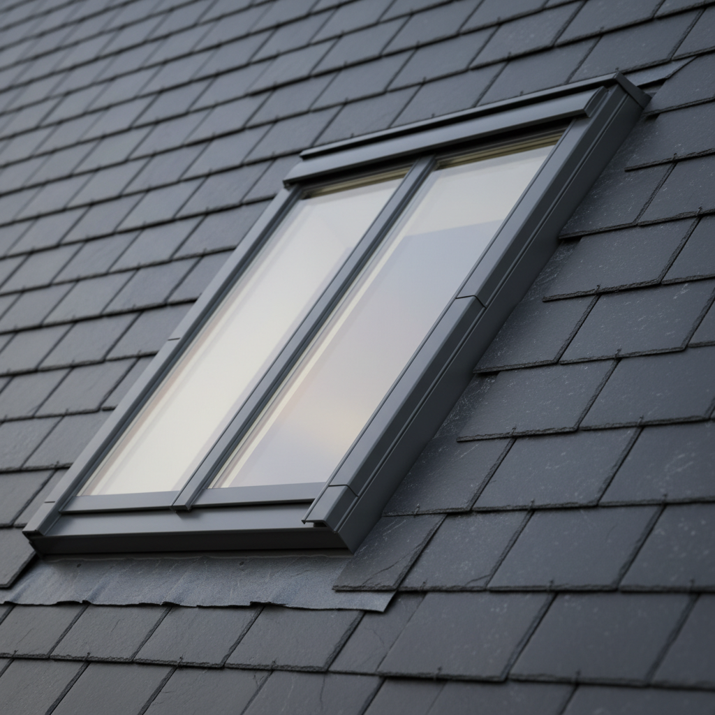 A carefully composed, photographic close-up of a high-quality roof window set into a pitched slate roof, the window frame finished in sleek anthracite grey with clean, sharp edges and energy-efficient double glazing. Surrounding natural slate tiles, deep charcoal with subtle mineral flecks, are neatly cut and fitted around the window with precise flashing details and watertight seals clearly visible. Soft, bright daylight reflects off the glass, hinting at a bright interior below, while maintaining focus on the external detailing. Shot from a slightly low, three-quarter perspective, the composition uses shallow depth of field to gently blur distant tiles. The overall mood is modern and uplifting, conveying the benefits of added natural light and professional installation for roof window and skylight services.