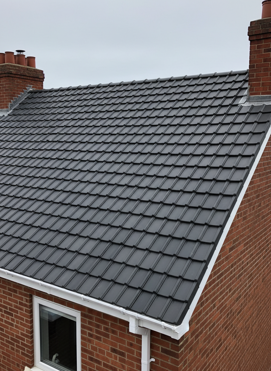 A meticulously maintained pitched roof on a traditional Liverpool brick terraced house, showcasing fresh dark-grey concrete tiles aligned in perfect rows, with crisp, straight ridge caps and neatly finished edges. The roof is framed by classic red brick chimneys and clean white uPVC fascia boards and soffits. Overhead, a soft overcast sky provides even, diffused daylight, minimizing harsh shadows and emphasizing the roof’s clean lines and durable textures. Captured in photographic realism from a slightly elevated, three-quarter angle, the composition follows the rule of thirds, with sharp focus across the entire roofscape. The mood is professional and reassuring, conveying reliability and long-lasting workmanship, ideal for a homepage hero image for a trusted roofing company.