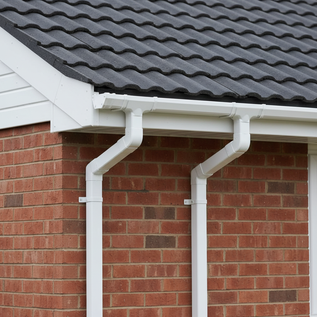 A photographic, front-facing view of a residential roofline emphasizing newly installed guttering and downpipes, featuring smooth, white uPVC gutters running cleanly along dark grey roof tiles, with matching downpipes set against freshly pointed red brickwork. The joints, brackets, and corners are perfectly aligned, demonstrating careful installation and attention to drainage falls. Soft overcast daylight provides even illumination, subtly highlighting the gentle sheen on the uPVC surfaces and the crisp contrast between roof, brick, and guttering. The composition follows the rule of thirds, with the guttering leading the eye horizontally across the frame, creating a sense of order and reliability. The mood is neat and reassuring, ideal for showcasing guttering, fascias, and soffits replacement services.