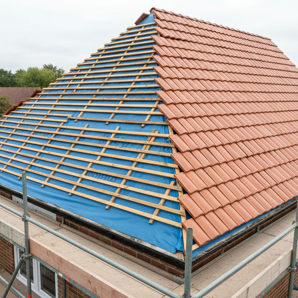 A detailed photographic scene of a partially stripped pitched roof mid re-tiling, showing old, weathered clay tiles removed from one side to expose straight timber battens and a fresh breathable roofing membrane secured neatly underneath. On the other side, new terracotta tiles are being laid in precise, uniform rows, demonstrating the transition from old to new. The environment includes a stable scaffolding platform and protective edge boards, all empty of people, under bright but diffused daylight that reveals every texture and layer. Captured from an elevated side angle with sharp focus across the frame, the composition feels organized and methodical. The mood is professional and trustworthy, emphasizing thorough preparation, proper roofing practice, and long-term durability for full re-roofing projects.