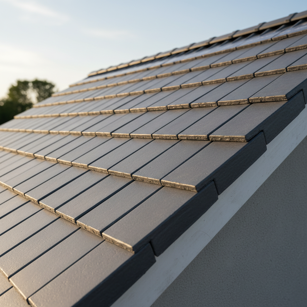 A close, detailed view of newly installed interlocking roof tiles on a residential property, each tile a rich slate-grey with a matte finish and subtle surface texture, perfectly staggered and tightly fitted. The shot reveals precision at the verge and ridge, including tidy lead flashing against a gable wall and a pristine dry ridge system. Soft, late-afternoon natural light grazes across the tiles, creating gentle highlights on the raised edges and fine, clear shadows in the joints. Photographic realism with a shallow depth of field keeps the foreground tiles razor sharp while the upper roofline gradually softens into a tasteful blur. The composition is clean and modern, emphasizing quality materials, weather resistance, and meticulous craftsmanship, suitable for a roofing services or quality assurance section.