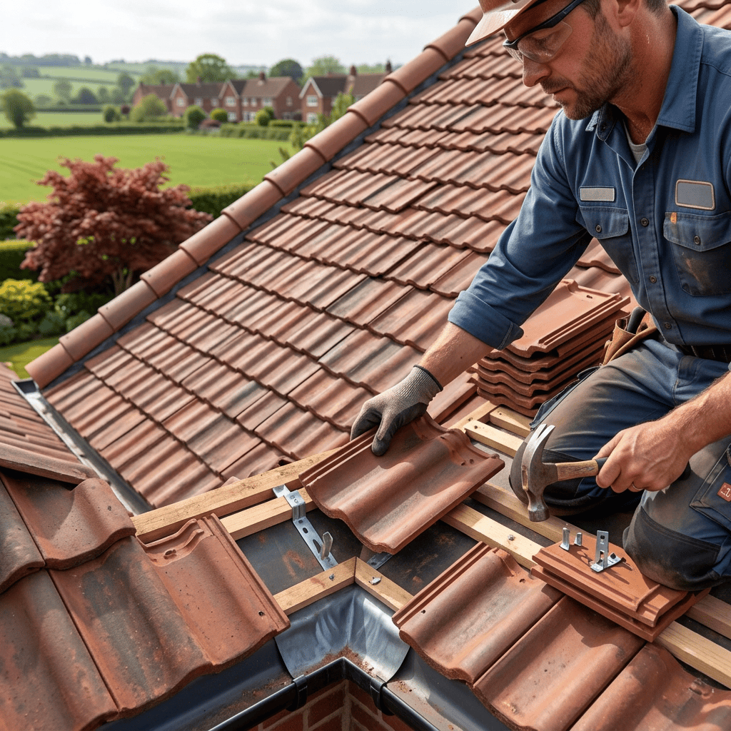 Roofer installing clay roof tiles with hammer on a house roof